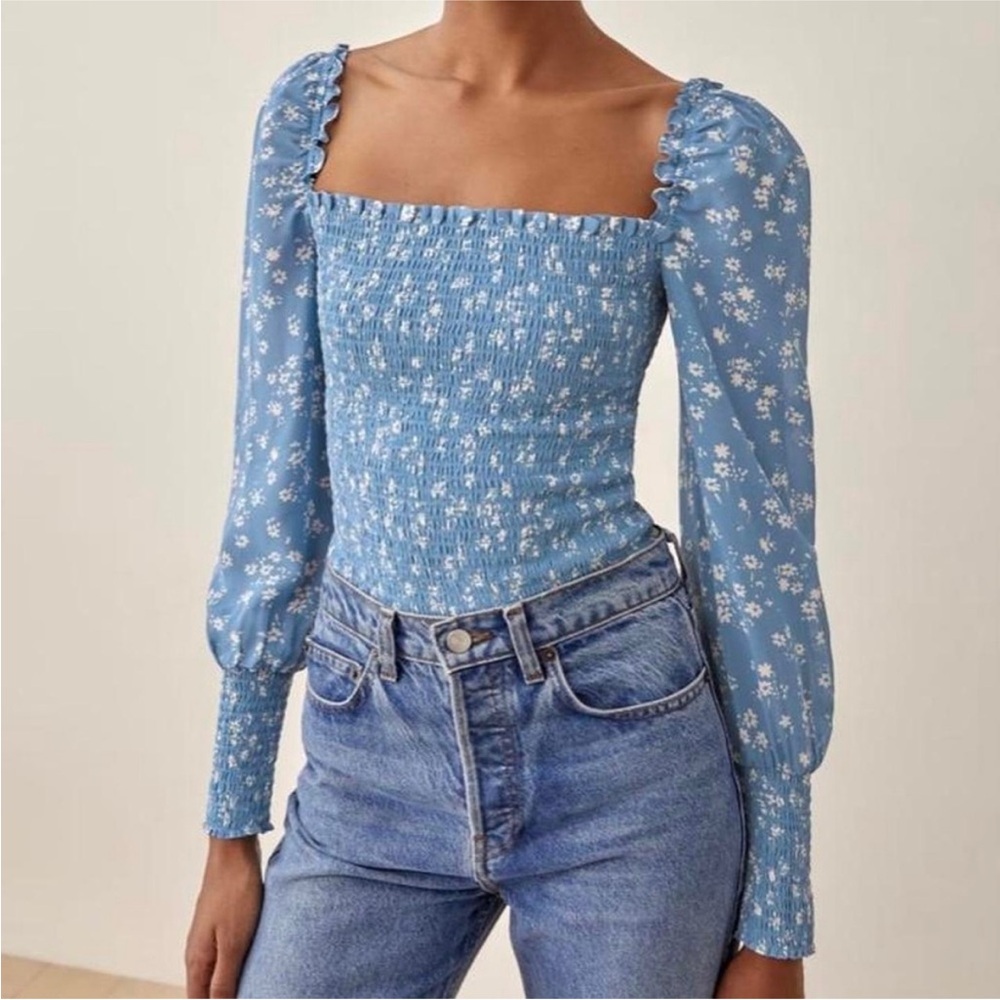 Reformation Pinto Blue Floral Smocked Top
